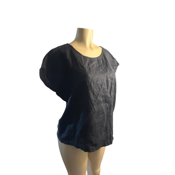 Women L Quince Black Short Sleeved Blouse Shirt Top 100% Linen Flax - Picture 1 of 7
